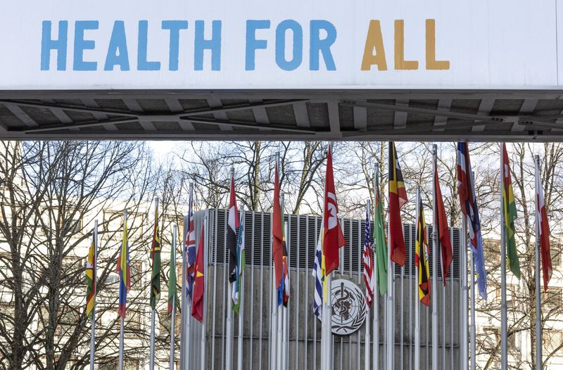 © Reuters. The World Health Organisation (WHO) logo is seen near its headquarters in Geneva, Switzerland, February 2, 2023. REUTERS/Denis Balibouse/File Photo