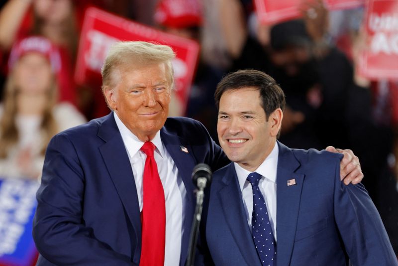 &copy; Reuters. Republican presidential nominee and former U.S. President Donald Trump and and  Senator Marco Rubio (R-FL) react during a campaign event at Dorton Arena, in Raleigh, North Carolina, U.S. November 4, 2024.   REUTERS/Jonathan Drake/File Photo