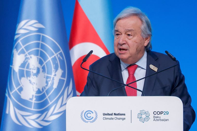 © Reuters. Secretary-General of the United Nations Antonio Guterres speaks during the Opening Ceremony of the United Nations climate change conference COP29 in Baku, Azerbaijan November 12, 2024. REUTERS/Maxim Shemetov