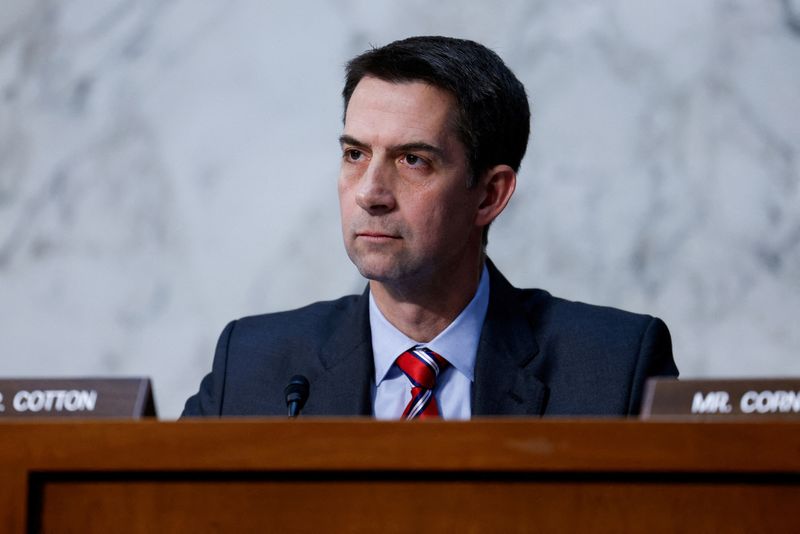 &copy; Reuters. FILE PHOTO: U.S. Senator Tom Cotton (R-AK) speaks during a Senate Intelligence Committee hearing on worldwide threats to American security, on Capitol Hill in Washington, U.S., March 11, 2024. REUTERS/Julia Nikhinson/File Photo