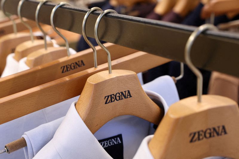 &copy; Reuters. FILE PHOTO: Logos are displayed on coat hangers at the Ermenegildo Zegna outlet retail store at Bicester Village in Oxfordshire, Britain, August 21, 2024. REUTERS/Hollie Adams/File Photo