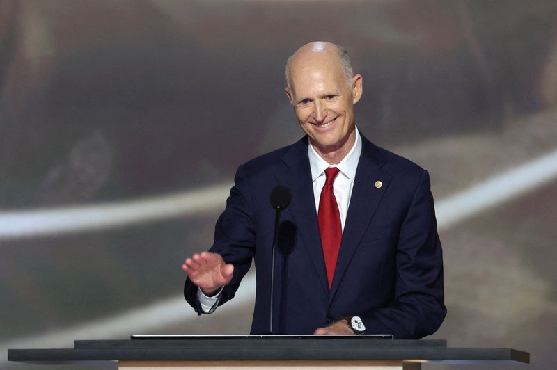 &copy; Reuters. FILE PHOTO: Senator Rick Scott (R-FL) speaks during Day 2 of the Republican National Convention (RNC), at the Fiserv Forum in Milwaukee, Wisconsin, U.S., July 16, 2024. REUTERS/Mike Segar/File Photo