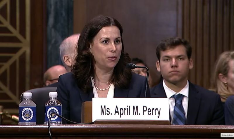 © Reuters. FILE PHOTO: April Perry, a nominee to serve as a federal judge in the Northern District of Illinois, appears before the U.S. Senate Judiciary Committee in Washington, July 31, 2024.  via U.S. Senate/File Photo