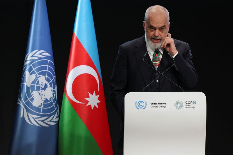 © Reuters. Edi Rama, Prime Minister of Albania, speaks during the United Nations climate change conference COP29, in Baku, Azerbaijan November 13, 2024. REUTERS/Murad Sezer