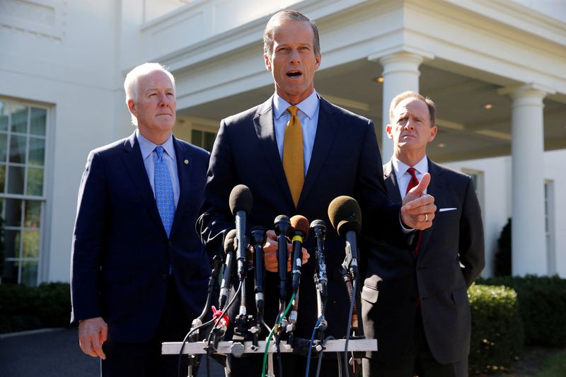 &copy; Reuters. FILE PHOTO: U.S. Senator John Cornyn (R-TX), Senator John Thune (R-SD) and Senator Pat Toomey (R-PA) speak to reporters after meeting with President Trump about their planned changes in the U.S. tax code, at the White House in Washington, U.S. October 18,