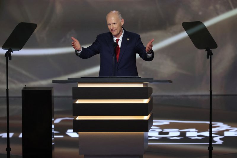 &copy; Reuters. FILE PHOTO: Senator Rick Scott (FL) speaks during Day 2 of the Republican National Convention (RNC), at the Fiserv Forum in Milwaukee, Wisconsin, U.S., July 16, 2024. REUTERS/Mike Segar/File Photo