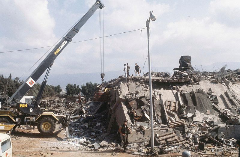 &copy; Reuters. FILE PHOTO: A crane is brought in after the explosion of the Marine Corps building in Beirut, Lebanon October 23, 1983. REUTERS/US Marines/Handout via REUTERS/File Photo