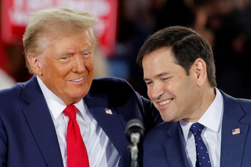 &copy; Reuters. FILE PHOTO: Republican presidential nominee and former U.S. President Donald Trump and Senator Marco Rubio (R-FL) react during a campaign event at Dorton Arena, in Raleigh, North Carolina, U.S. November 4, 2024. REUTERS/Jonathan Drake/File Photo