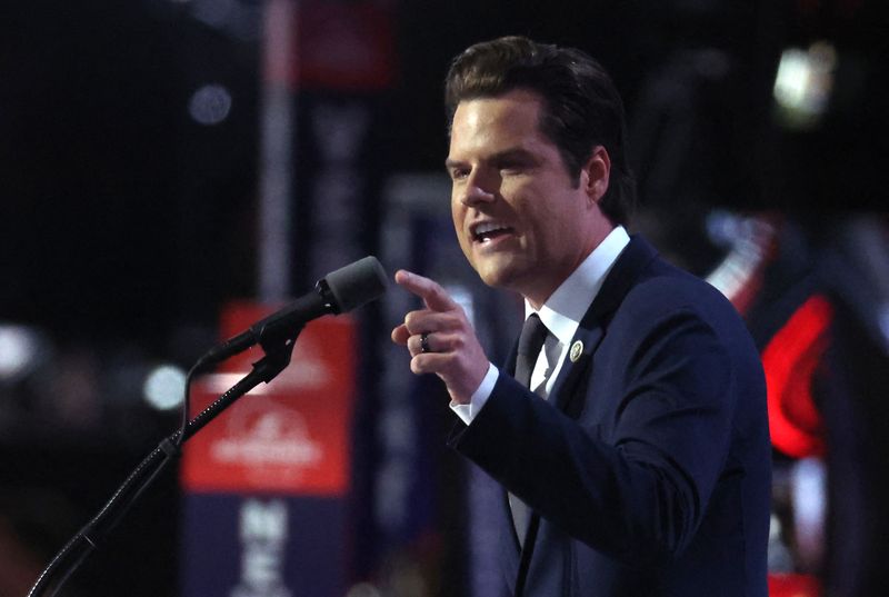 © Reuters. FILE PHOTO: Rep. Matt Gaetz (FL) speaks on Day 3 of the Republican National Convention (RNC), at the Fiserv Forum in Milwaukee, Wisconsin, U.S., July 17, 2024. REUTERS/Jeenah Moon/File Photo