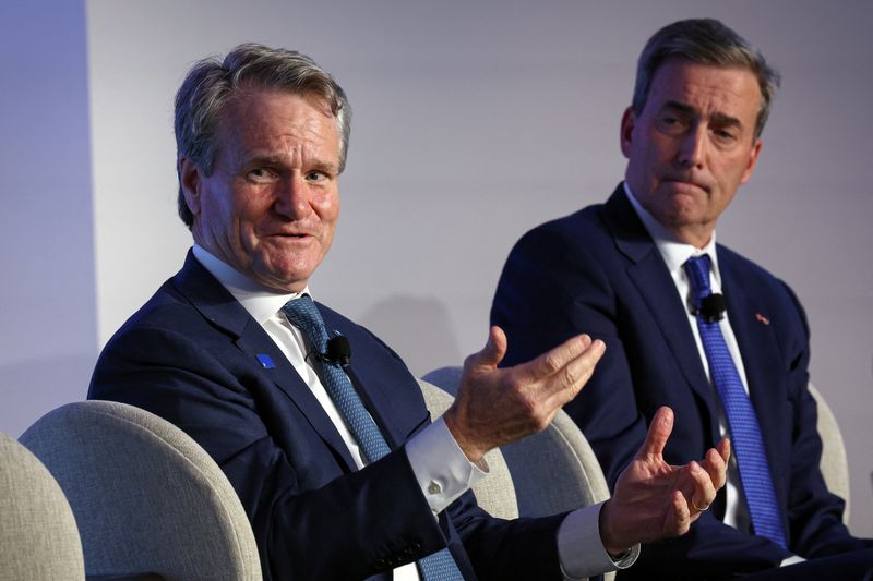 &copy; Reuters. Brian Moynihan, chair of the board and CEO of Bank of America, speaks as Christopher Gorman, Chairman and CEO of KeyCorp., looks on during The Clearing House Annual Conference in New York City, U.S. November 13, 2024. REUTERS/Brendan McDermid