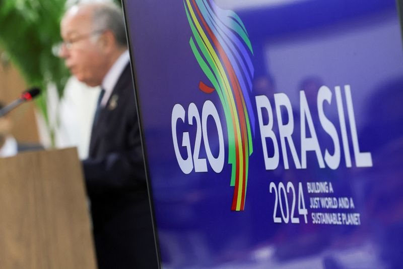&copy; Reuters. Logo do G20 durante evento no Rio de Janeiron22/02/2024nREUTERS/Ricardo Moraes