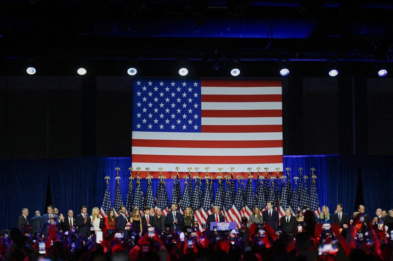 © Reuters. FILE PHOTO: Republican presidential nominee and former U.S. President Donald Trump takes the stage following early results from the 2024 U.S. presidential election in Palm Beach County Convention Center, in West Palm Beach, Florida, U.S., November 6, 2024. REUTERS/Callaghan O'Hare/File Photo