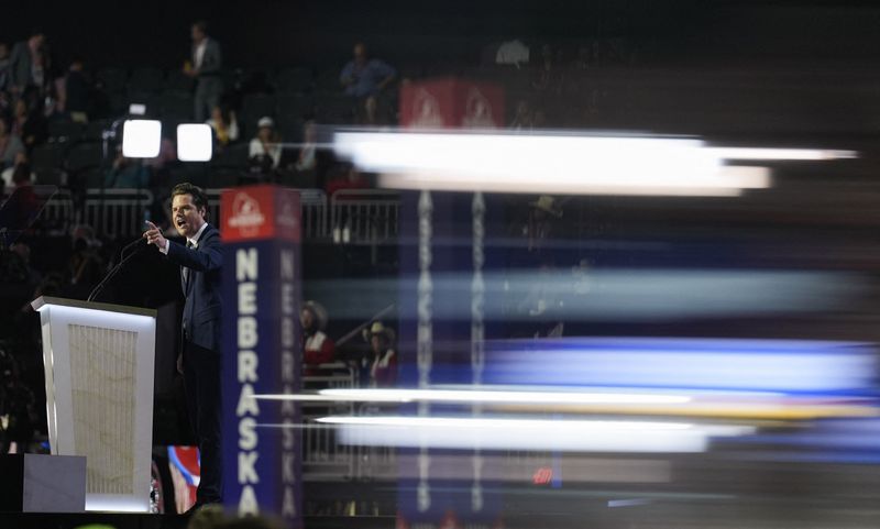 © Reuters. Representative Matt Gaetz (R-FL) speaks on Day 3 of the Republican National Convention (RNC), at the Fiserv Forum in Milwaukee, Wisconsin, U.S., July 17, 2024. REUTERS/Cheney Orr/File Photo