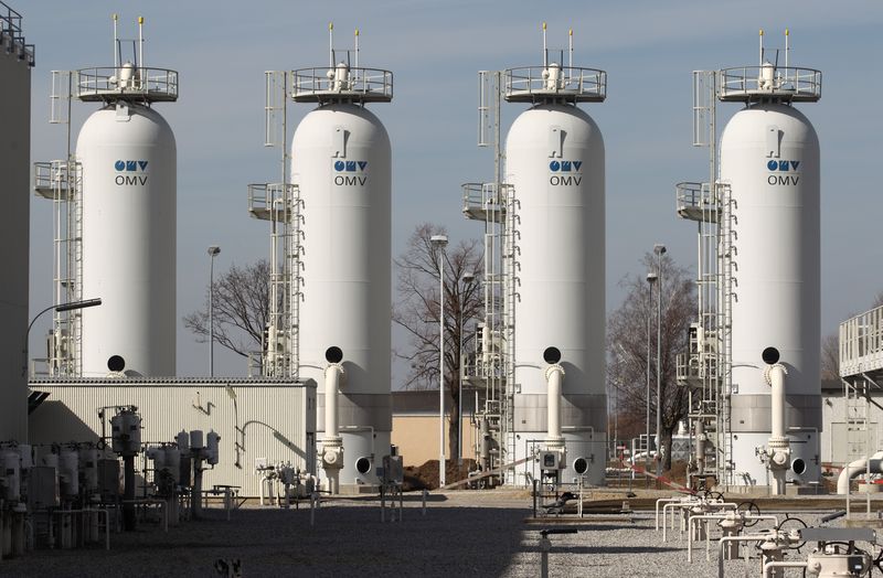 © Reuters. Gas drying towers are pictured at Gas Connect Austria's gas distribution node in Baumgarten some 40 km (25 miles) east of Vienna March 6, 2013.  REUTERS/Heinz-Peter Bader/File Photo