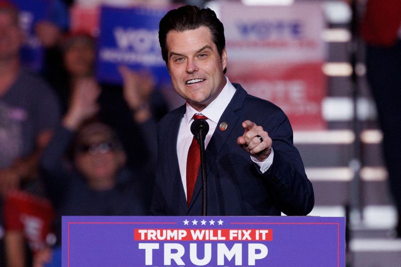 &copy; Reuters. FILE PHOTO: Republican U.S. Representative Matt Gaetz speaks at a campaign rally for Republican presidential nominee and former U.S. President Donald Trump in Henderson, Nevada U.S. October 31, 2024.  REUTERS/Mike Blake/File Photo