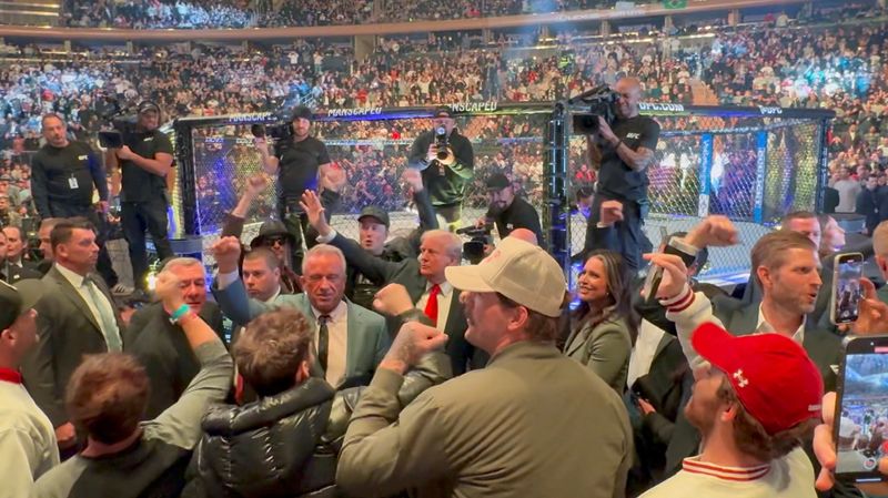 © Reuters. U.S. President-elect Donald Trump and Tesla CEO and X owner Elon Musk attend an Ultimate Fighting Championship (UFC) event at Madison Square Garden, in New York City, U.S. November 16, 2024, in this screengrab obtained from a social media video. Dan Scavino Jr./via REUTERS