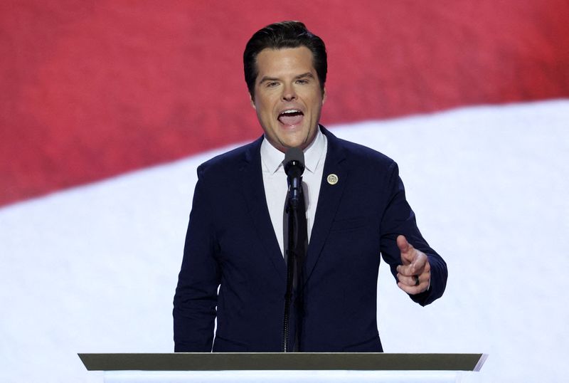 &copy; Reuters. FILE PHOTO: Rep. Matt Gaetz (FL) speaks on Day 3 of the Republican National Convention (RNC), at the Fiserv Forum in Milwaukee, Wisconsin, U.S., July 17, 2024. REUTERS/Mike Segar/File Photo