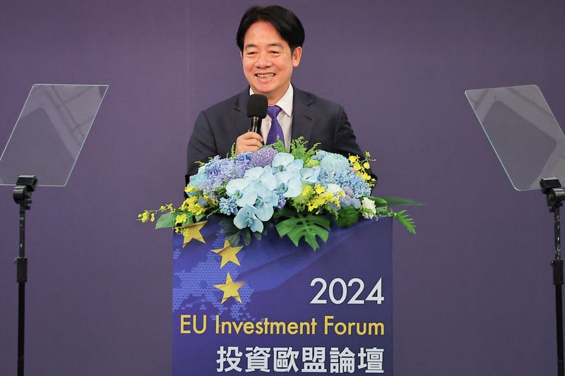 © Reuters. Taiwan President Lai Ching-te speaks at the annual Taiwan-EU investment forum in Taipei, Taiwan November 18, 2024. REUTERS/Ann Wang