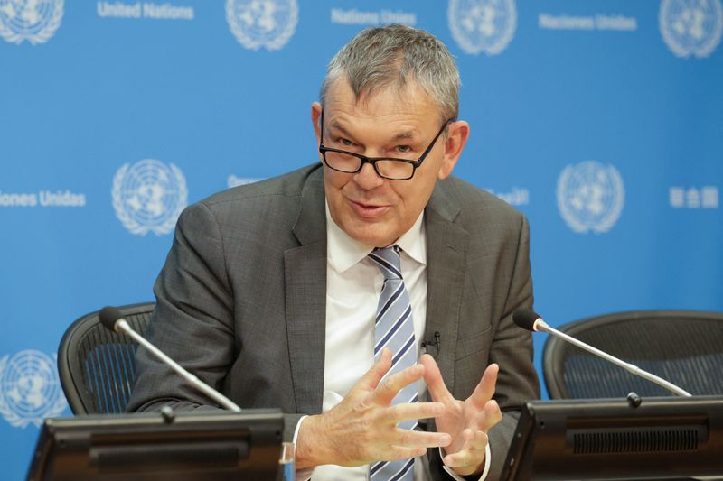 &copy; Reuters. FILE PHOTO: Philippe Lazzarini, the Commissioner General of the United Nations Relief and Works Agency for Palestine Refugees in the Near East (UNRWA) holds a briefing at U.N. headquarters in New York City, U.S., November 13, 2024. REUTERS/Kent Edwards/Fi