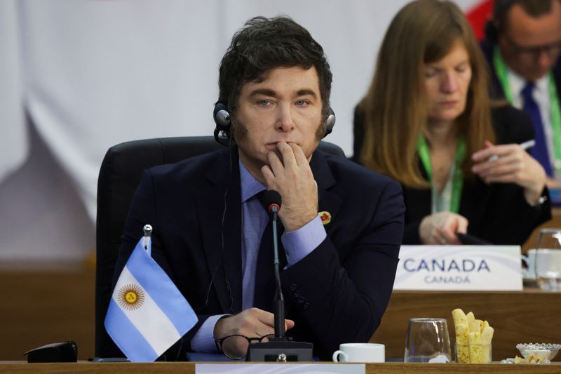 &copy; Reuters. Presidente da Argentina, Javier Milei, durante reunião de cúpula do G20, no Rio de Janeiron18/11/2024 REUTERS/Ricardo Moraes