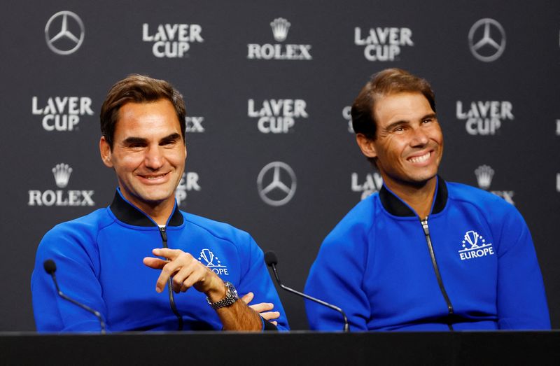 &copy; Reuters. Roger Federer e Rafael Nadal durante entrevista coletiva em Londresn22/09/2022 Action Images via Reuters/Andrew Boyers