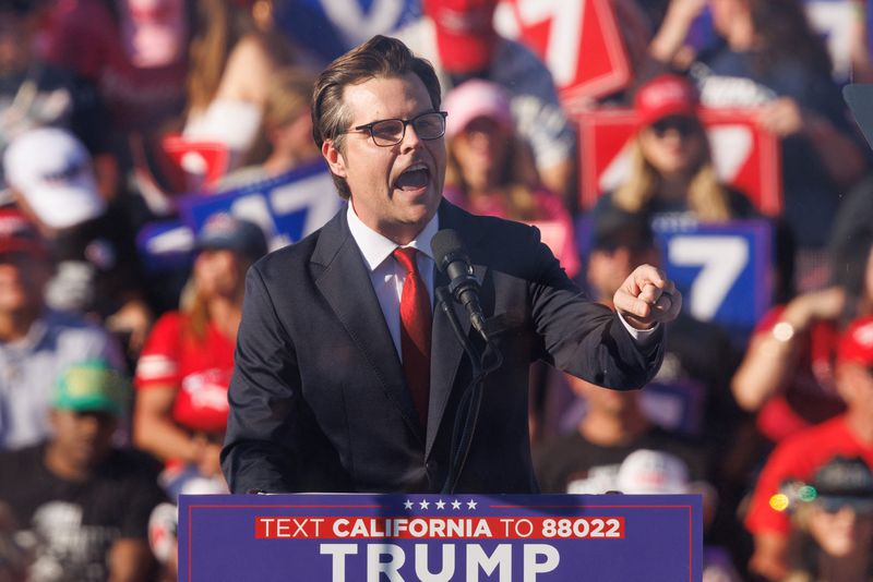 &copy; Reuters. FILE PHOTO: Republican U.S. Representative Matt Gaetz speaks at a campaign rally for Republican presidential nominee Donald Trump in Coachella, California, U.S., October 12, 2024.  REUTERS/Mike Blake/File Photo