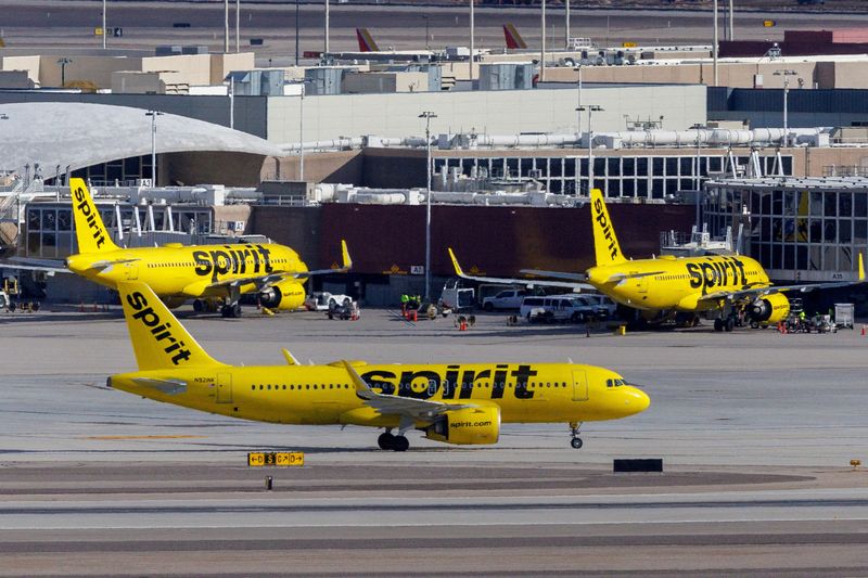 &copy; Reuters. FILE PHOTO: Spirit Airlines commercial airliners are shown at Las Vegas International Airport in Las Vegas, Nevada, U.S., February 8, 2024.  REUTERS/Mike Blake/File Photo