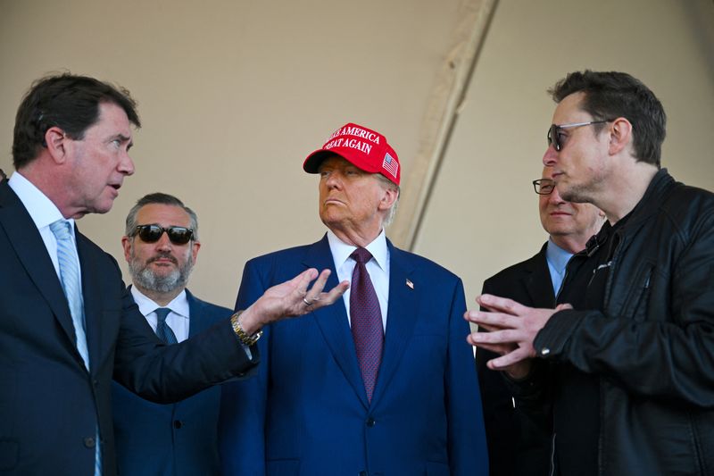 © Reuters. U.S. President-elect Donald Trump speaks alongside Elon Musk and Senate members including Sen. Bill Hagerty (R-TN), Sen. Ted Cruz (R-TX) and Sen. Kevin Cramer (R-ND) before attending a viewing of the launch of the sixth test flight of the SpaceX Starship rocket in Brownsville, Texas, U.S., November 19, 2024 . Brandon Bell/Pool via REUTERS