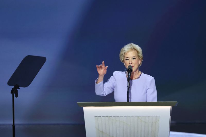 &copy; Reuters. FILE PHOTO: Linda McMahon, former Administrator of Small Business Administration, speaks on Day 4 of the Republican National Convention (RNC), at the Fiserv Forum in Milwaukee, Wisconsin, U.S., July 18, 2024. REUTERS/Mike Segar/File Photo