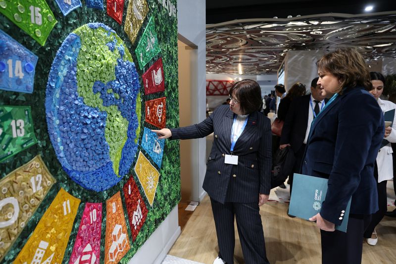 © Reuters. Fatma Varank, Turkish Deputy Minister of Environment, Urbanization and Climate Change, and Azerbaijan?s Deputy Minister of Ecology and Natural Resources Umayra Taghiyeva visit the Turkish pavilion during the United Nations climate change conference COP29, in Baku, Azerbaijan November 19, 2024. REUTERS/Murad Sezer