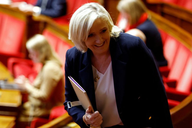 © Reuters. FILE PHOTO: French far-right leader and member of parliament Marine Le Pen, President of the French far-right National Rally (Rassemblement National - RN) party parliamentary group, reacts after she delivered a speech during a debate session on the first part of the 2025 budget bill (PLF) at the National Assembly in Paris, France, October 22, 2024. REUTERS/Stephanie Lecocq/File Photo