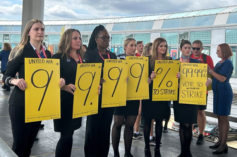 © Reuters. FILE PHOTO: United Airlines flight attendants picket while negotiating a new labor agreement at O'Hare International Airport in Chicago, Illinois, U.S. August 28, 2024. REUTERS/Rajesh Kumar Singh/File Photo