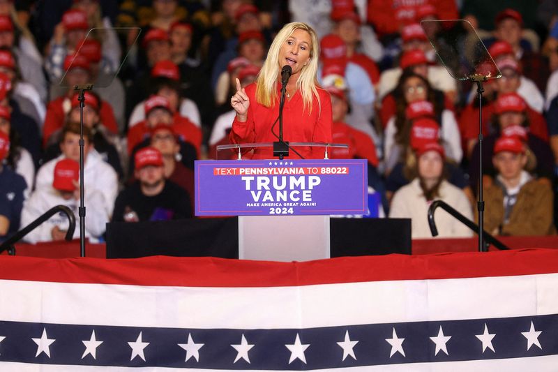 © Reuters. FILE PHOTO: U.S. Representative Marjorie Taylor Greene (R-GA) speaks at a campaign event of Republican presidential nominee and former U.S. President Donald Trump at Bryce Jordan Center, in State College, Pennsylvania, U.S., October 26, 2024. REUTERS/Hannah McKay/File Photo