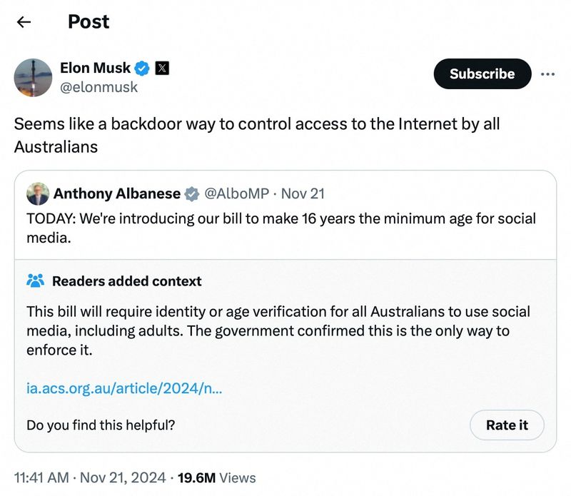 © Reuters. In this image from social media, a screen grab shows a post by Elon Musk on X on November 21, 2024 regarding an Australian bill to regulate social media. Elon Musk X/via REUTERS  