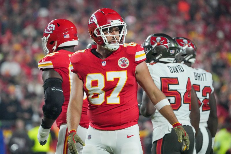 &copy; Reuters. Nov 4, 2024; Kansas City, Missouri, USA; Kansas City Chiefs tight end Travis Kelce (87) on field against the Tampa Bay Buccaneers during the game at GEHA Field at Arrowhead Stadium. Mandatory Credit: Denny Medley-Imagn Images/ File Photo