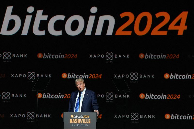 &copy; Reuters. FILE PHOTO: Republican presidential nominee and former U.S. President Donald Trump speaks at the Bitcoin 2024 event in Nashville, Tennessee, U.S., July 27, 2024. REUTERS/Kevin Wurm/File Photo