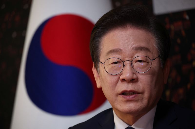 &copy; Reuters. FILE PHOTO: South Korea's main opposition Democratic Party leader Lee Jae-myung speaks during an interview with Reuters at the National Assembly in Seoul, South Korea, December 6, 2024. REUTERS/Kim Hong-Ji/File Photo