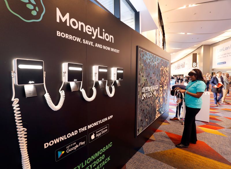 &copy; Reuters. FILE PHOTO: MoneyLion, a digital consumer finance platform, displays in the lobby of the exhibit hall during the Money 20/20 conference in Las Vegas, Nevada, U.S. on October 24, 2017. REUTERS/Steve Marcus/File Photo