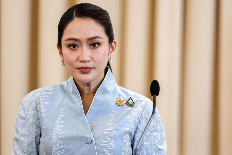 © Reuters. FILE PHOTO: Thailand's Prime Minister Paetongtarn Shinawatra looks on during a signing ceremony and press conference at the Government House, in Bangkok, Thailand, November 28, 2024. REUTERS/Athit Perawongmetha/File Photo