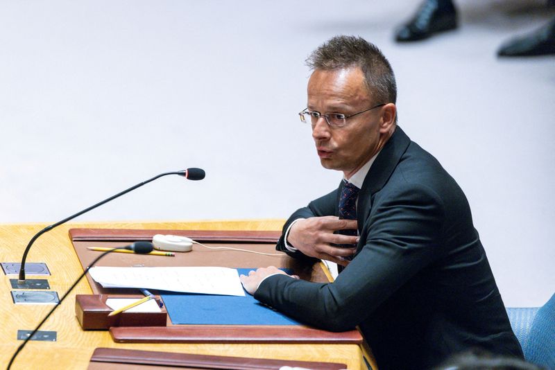 © Reuters. FILE PHOTO: Hungary's Foreign Minister Peter Szijjarto speaks to delegates during a meeting of the United Nations Security Council at the United Nations Headquarters in New York City, U.S., July 16, 2024. REUTERS/Eduardo Munoz/File Photo