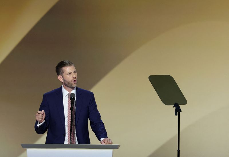 &copy; Reuters. FILE PHOTO: Eric Trump speaks on Day 4 of the Republican National Convention (RNC), at the Fiserv Forum in Milwaukee, Wisconsin, U.S., July 18, 2024. REUTERS/Mike Segar/File Photo