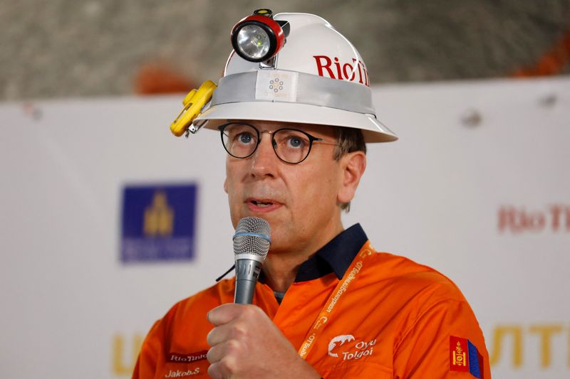 &copy; Reuters. Rio Tinto Chief Executive Jakob Stausholm speaks at a commencement ceremony for the underground production at Oyu Tolgoi copper mine in the Gobi Desert, Mongolia March 13, 2023. REUTERS/B. Rentsendorj/File Photo