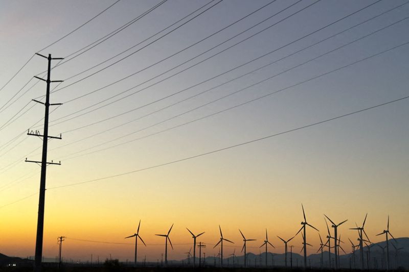 &copy; Reuters. FILE PHOTO: Wind turbines and an electrical power line are shown in Palm Springs, California, U.S., October 12, 2024. REUTERS/Mike Blake/File Photo