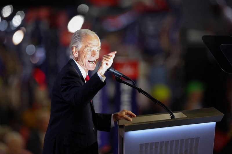 © Reuters. FILE PHOTO: Peter Navarro, former director of U.S. Office of Trade and Manufacturing, speaks on Day 3 of the Republican National Convention (RNC), at the Fiserv Forum in Milwaukee, Wisconsin, U.S., July 17, 2024. REUTERS/Brian Snyder/File Photo