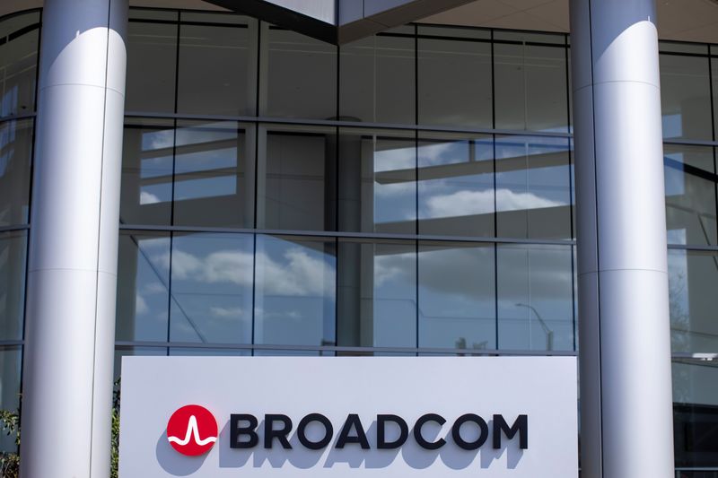 &copy; Reuters. The Broadcom Limited company logo is shown outside one of their office complexes in Irvine, California, U.S., March 4, 2021.  REUTERS/Mike Blake/File Photo