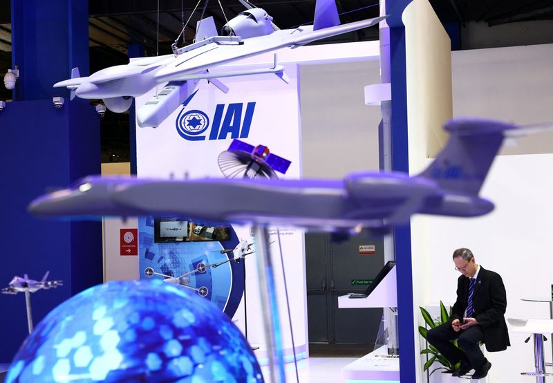 © Reuters. FILE PHOTO: A view of the Israel Aerospace Industries (IAI) booth at the Singapore Airshow at Changi Exhibition Centre in Singapore February 20, 2024. REUTERS/Edgar Su/File Photo