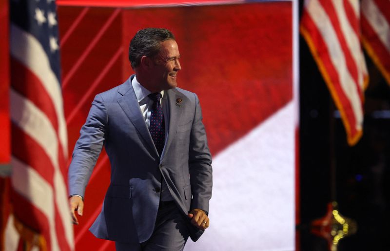 © Reuters. FILE PHOTO: Congressman Mike Waltz walks during Day 1 of the Republican National Convention (RNC) at the Fiserv Forum in Milwaukee, Wisconsin, U.S., July 15, 2024. REUTERS/Brian Snyder/File Photo