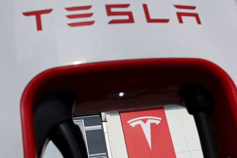 © Reuters. FILE PHOTO: The Tesla logo is seen through a charging station outside a store of the electric vehicle (EV) maker in Beijing, China January 4, 2024. REUTERS/Florence Lo/File Photo