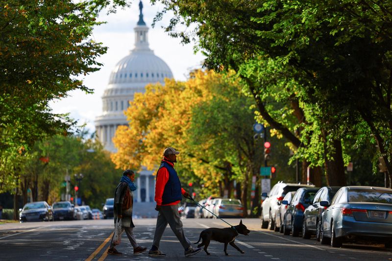 © Reuters. A couple walks with a dog near the U.S. Capitol building, in Washington, U.S. October 15, 2024. REUTERS/Jose Luis Gonzalez/File Photo