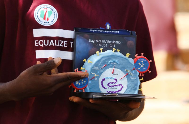 &copy; Reuters. FILE PHOTO: An educator uses a model of the HIV virus to illustrate a lesson on AIDS to youths at a primary health centre in Kobi suburb, Abuja, Nigeria November 30, 2022. REUTERS/Afolabi Sotunde/File Photo